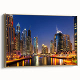 Framed canvas wall art of Dubai skyline in gold and black tones, ideal for bedroom ambiance.