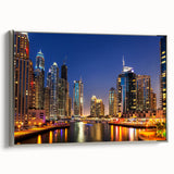 Framed canvas landscape art painting depicting a vintage-style Dubai skyline in colorful tones, ideal for office decor.