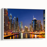 Vintage poster art of Dubai skyline in vibrant colors on a framed canvas, ideal for living room decor.