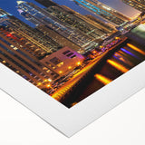 Art deco poster of Dubai skyline in muted gold and blue tones on rolled canvas, suitable for dining room wall art.