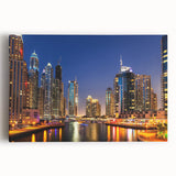 Black and white stretched canvas of Dubai skyline, ideal for kitchen wall art.