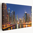 Side view of a stretched canvas featuring a detailed Dubai skyline in earthy tones, suitable for kitchen wall art.