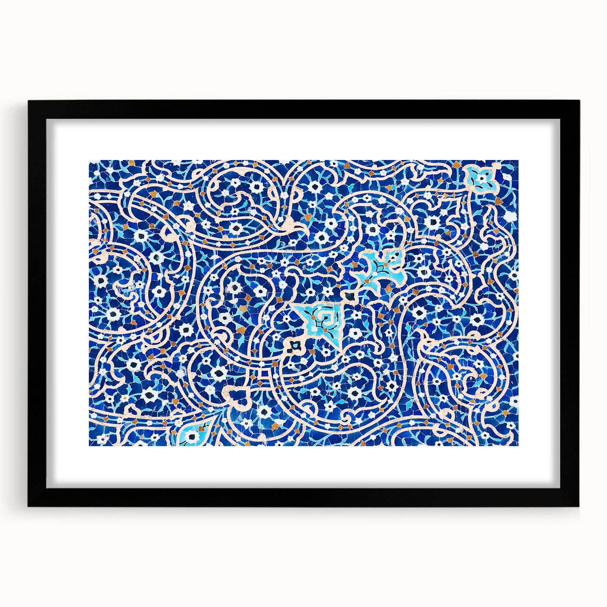 Colorful abstract art print of a Middle Eastern scenery in a black frame, ideal for living room decor.