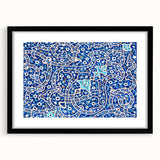 Colorful abstract art print of a Middle Eastern scenery in a black frame, ideal for living room decor.