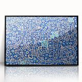 Large abstract wall art of a Middle Eastern scene in muted earth tones on a framed acrylic.
