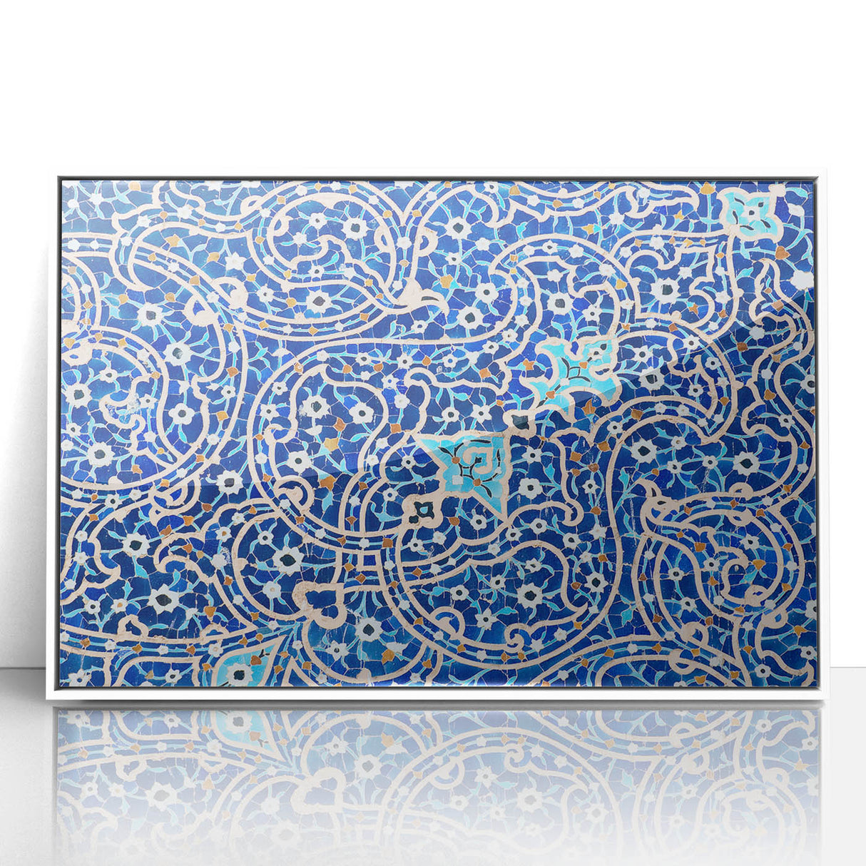 Acrylic print of a Middle Eastern scenery with soft beige and white tones, framed in white.