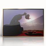 Framed acrylic print of a Mid-Century Modernist Iraqi landscape in gold and brown tones, suitable for modern art wall decor.