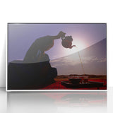 Art deco poster of a Middle Eastern landscape in muted earth tones on a white framed acrylic.