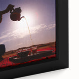 Extra large framed canvas depicting a colorful, textured Middle Eastern scenery in black, ideal for living room decor.