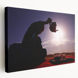 Middle Eastern landscape on stretched canvas, featuring earthy tones and minimalist style, ideal for kitchen wall art.