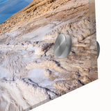 Mid-century modernist acrylic print of the Dead Sea in muted blue and sandy tones, ideal for dining room art.