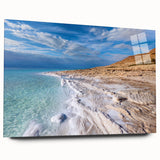 Large abstract depiction of the Dead Sea in muted blue and gray tones on acrylic glass, ideal for bedroom or dining room art.
