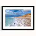 Extra large framed abstract art print of the Dead Sea in vibrant blues and oranges, textured appearance.
