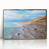 Mid-century modernist style large art print of the Dead Sea in muted gold and blue tones, acrylic framed.
