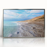 Mid-century modernist art of the Dead Sea with muted earth tones on a framed acrylic print.