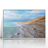 Acrylic print of the Dead Sea with pastel shades, framed in white, suitable for modern art wall decor.