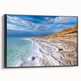 Black and white framed canvas of the Dead Sea landscape, ideal for bedroom wall art.