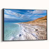 Black and white framed canvas of the Dead Sea landscape, ideal for bedroom wall art.