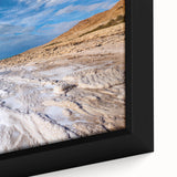 Black wall art featuring a textured depiction of the Dead Sea in vibrant colors, framed canvas, ideal for living room decor.