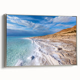 Framed canvas landscape art painting of the Dead Sea with muted earth tones and a silver frame, suitable for office decor.