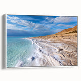 Vintage poster art of the Dead Sea in vibrant colors on a framed canvas, ideal for living room decor.