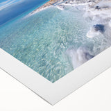 Art deco poster of the Dead Sea in muted blue and beige tones on rolled canvas, suitable for dining room wall art.