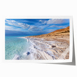 Extra large rolled print of the Dead Sea with muted blue and sandy hues, ideal for art wall dining room.