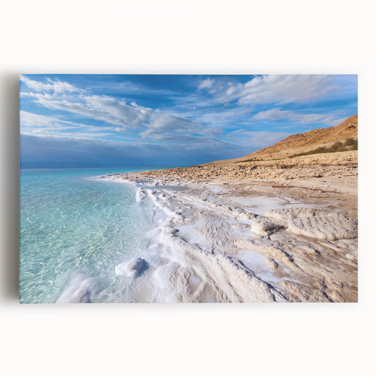 Black and white stretched canvas of the Dead Sea landscape, ideal for kitchen wall art.