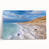 Black and white photograph of the Dead Sea on stretched canvas, suitable for kitchen wall art or bedroom ambiance.