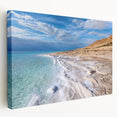 Panoramic view of the Dead Sea in muted blue and beige tones on stretched canvas, ideal for kitchen wall art.