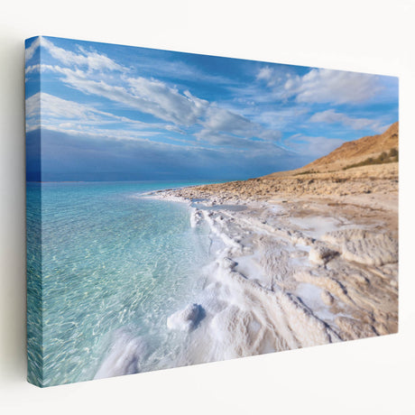 Panoramic view of the Dead Sea in muted blue and beige tones on stretched canvas, ideal for kitchen wall art.