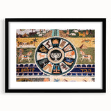 Extra large abstract art print of Jerusalem scenery in vibrant, textured colors on a black framed canvas.