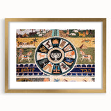 Extra large framed wall art depicting an abstract Jerusalem skyline in textured gold and earth tones.