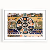 Abstract art print of Jerusalem skyline in muted earth tones on a framed white mat, suitable for dining room decor.