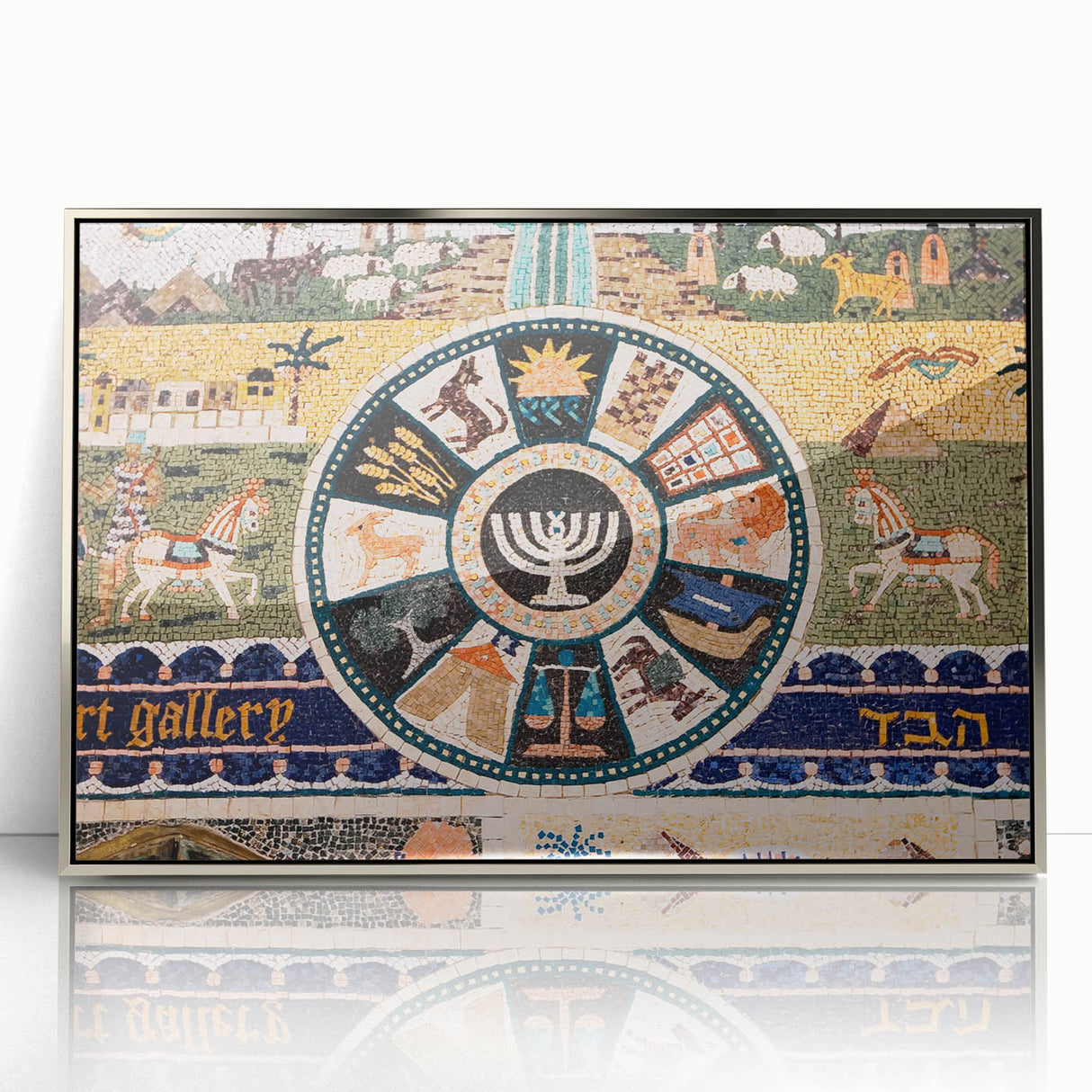 Mid-century modernist art of Jerusalem skyline in muted earth tones on a framed acrylic print.