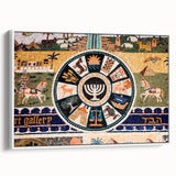 Vintage poster art of Jerusalem skyline in colorful hues on extra large framed canvas, ideal for living room decor.