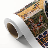 Art deco poster of Jerusalem skyline in muted gold and blue tones on rolled canvas, ideal for nursery wall art.