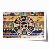 Scenic Jerusalem landscape on rolled print, featuring earthy tones and floral elements, suitable as art wall for dining room.