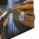 Large abstract wall art of Tel Aviv skyline in muted gray and blue tones on acrylic glass, suitable for dining room art.