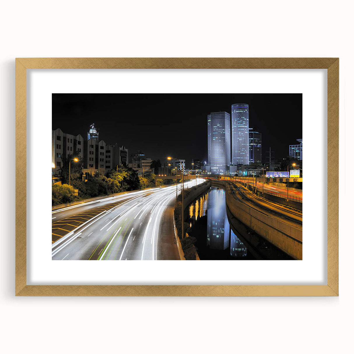 Extra large abstract art print of Tel Aviv skyline in muted gold and beige tones on a framed canvas.