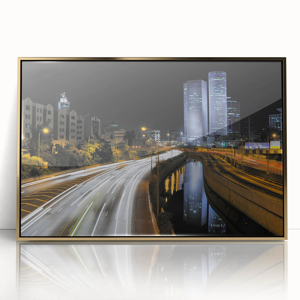 Mid-century modernist acrylic print of Tel Aviv skyline in gold and blue tones, ideal for modern art wall decor.