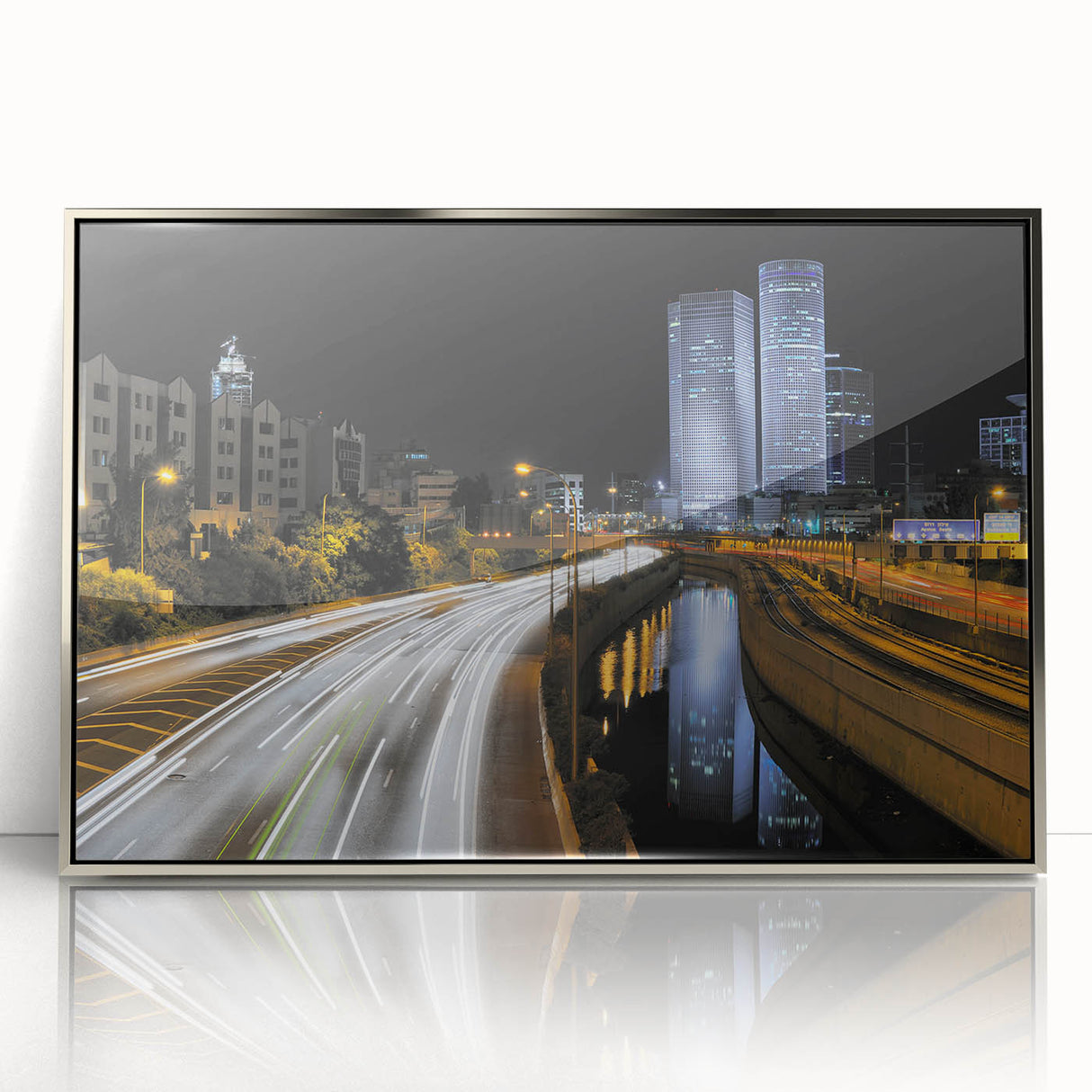 Mid-century modernist art of Tel Aviv skyline in muted earth tones on a framed acrylic print, suitable for nursery wall art.