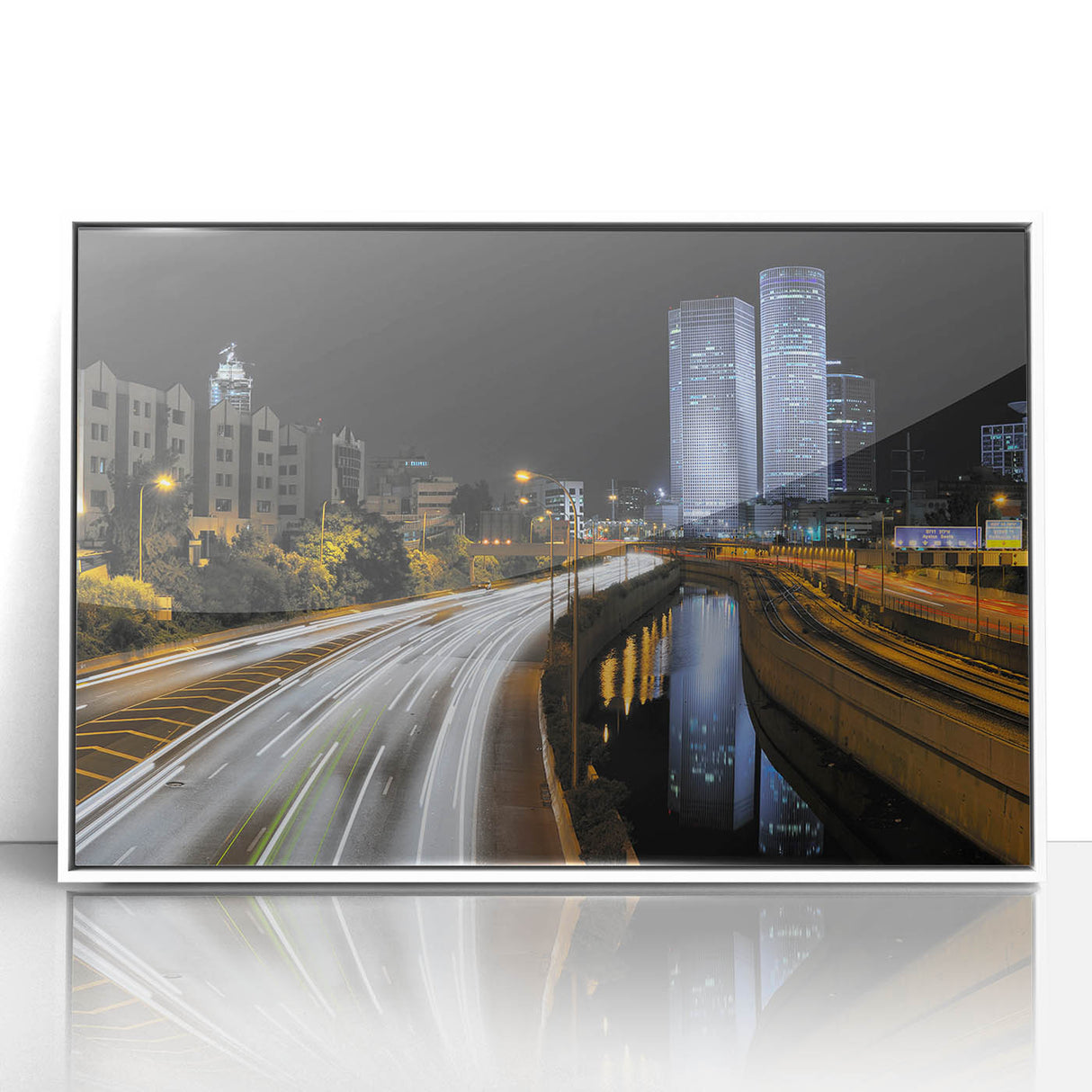 Art deco poster of Tel Aviv skyline in muted pastels on framed acrylic, ideal for modern nursery wall art.