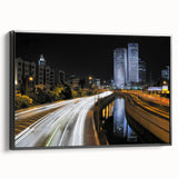 Black and white framed canvas of Tel Aviv skyline, suited for bedroom wall art, in a large landscape format.