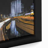 Extra large framed canvas of Tel Aviv scenery in black with colorful, textured details, ideal for living room decor.