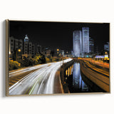 Framed canvas depicting a vintage-style Tel Aviv landscape in muted gold and black tones, suitable for bedroom wall art.