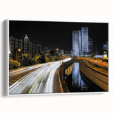 Vintage poster art of Tel Aviv skyline in vibrant colors on a large framed canvas, ideal for living room decor.