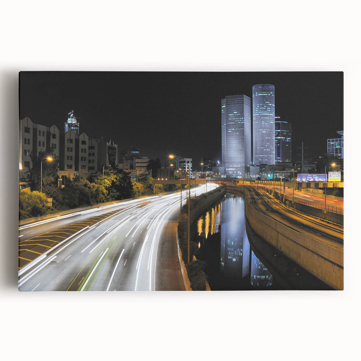 Black and white stretched canvas of Tel Aviv skyline, ideal for kitchen wall art.