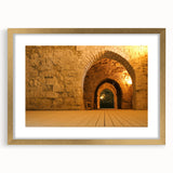 Extra large abstract art print featuring a textured scenery of Israel in muted earth tones, framed in gold.