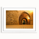Abstract art print of a Middle Eastern scenery in muted earth tones on a framed white mat, ideal for dining room decor.